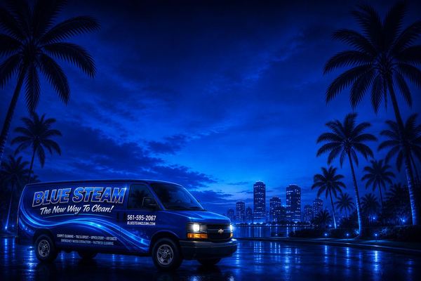 Blue Steam service van in South Florida